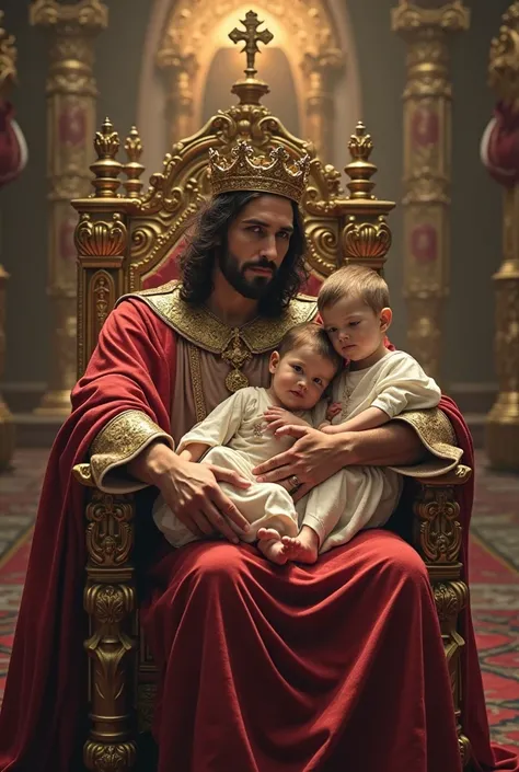 Image of Jim Caviezel playing (christ the king) on an imposing throne next to the ((Blessed Virgin Mary with two very young babies in her arms)) played by María Belén Cabello