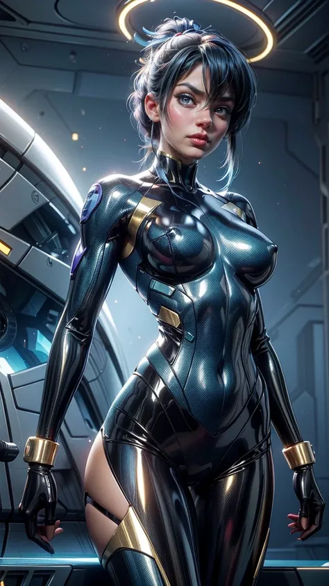    score_9,   score_8_high,   score_7_high,   20 years old 1 girl  , Alone,   muv-luv pilot body made of shiny and shimmering latex  ,   blue skin-tight futuristic body with golden stripes, light Reflexions highlight her body,  huge breasts , chubby waist ...