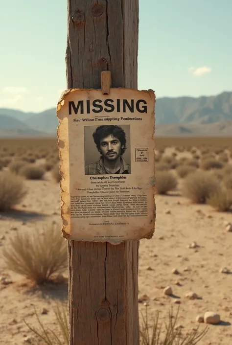 A missing person’s flyer pinned to an old wooden post, slightly worn out by the wind. The photo of a man named Christopher Thompkins is faded, and the background shows a desert wasteland