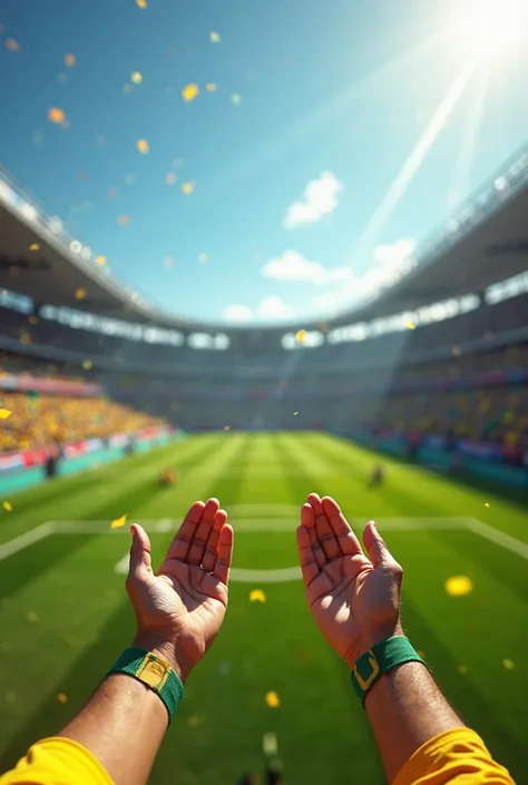 Prompt:
“A true first-person perspective looking directly at hands. You are standing at the edge of a vibrant, green soccer field, moments before the start of a World Cup match. Your hands, slightly raised in front of you, show the tension and anticipation...