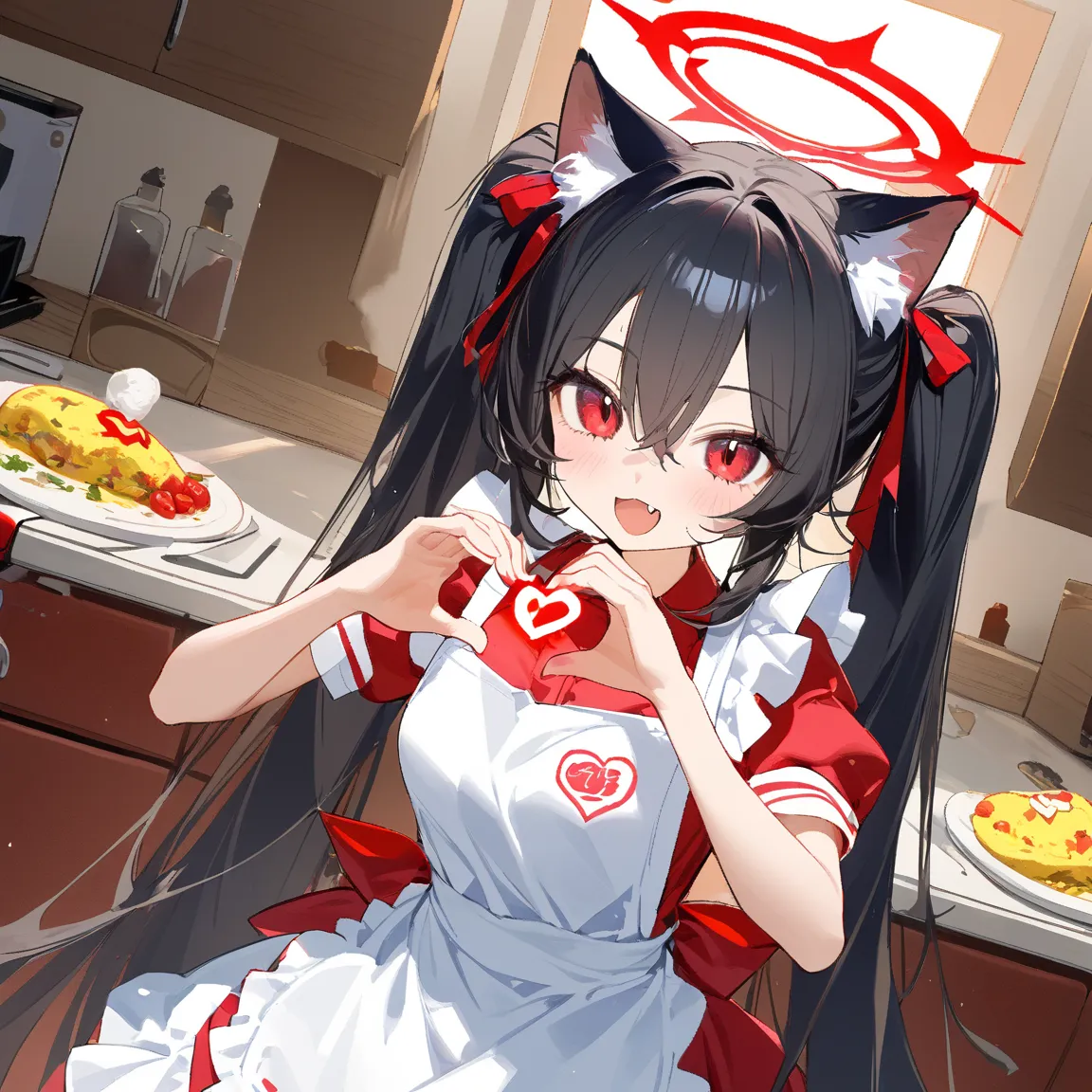 1girl, One, long hair, seen by the viewer,  turn red, open mouth,  chelka, black hair, red eyes, tape, animal ears, hair between eyes, twintails, very long hair, hair tape, short sleeves, heart, food, fang,  indoors, cat ears,  apron, fluff from animal ear...