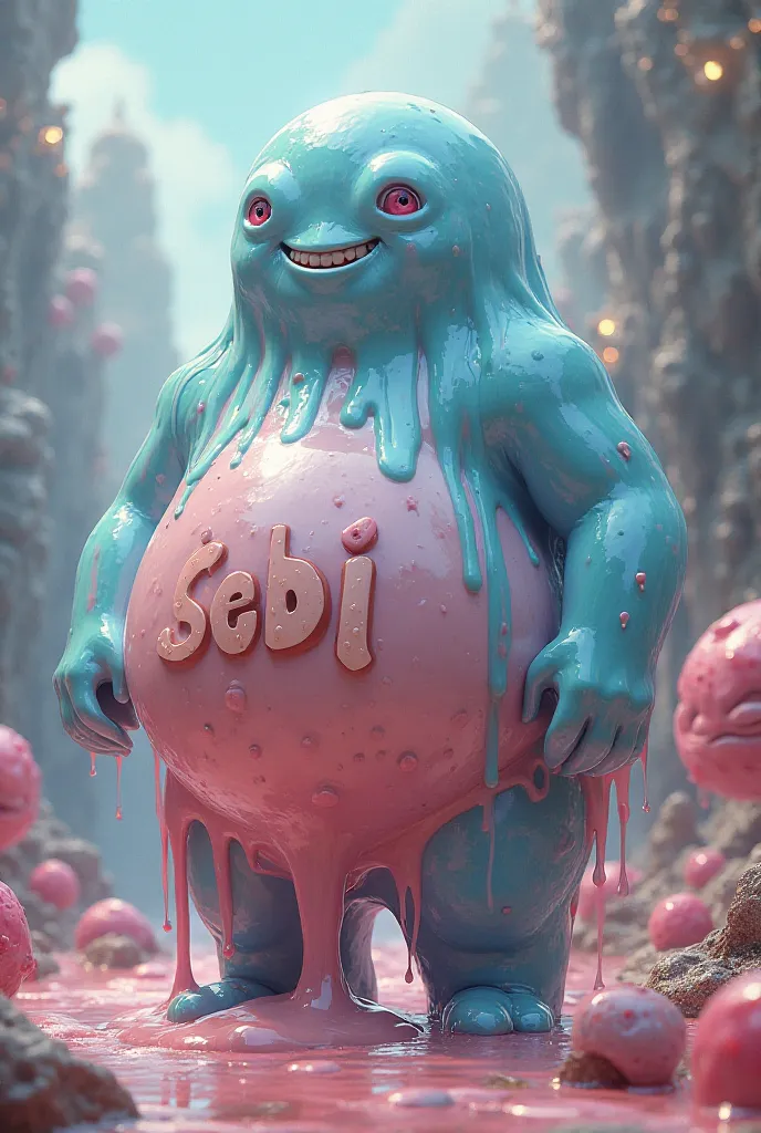 make an image with a fat man made out of slime that has SEBI written on him