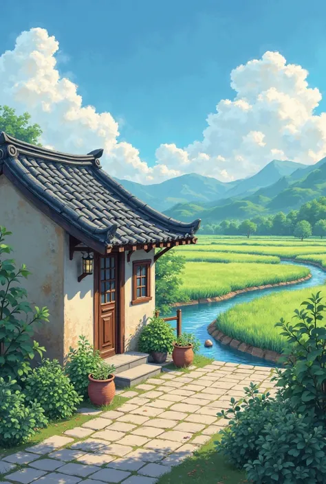 Ghibli style of Serene beauty of chinese old village house with paving block yard, well maintained vegetables plants, green field in the background, blue sky, small river,