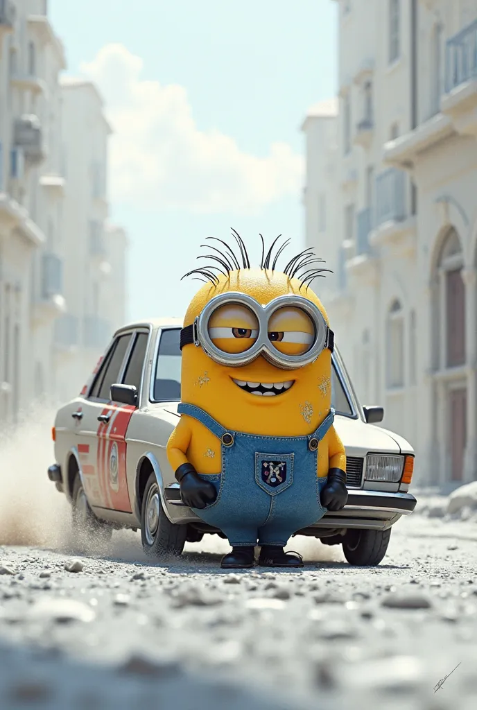 Make a minion named Dima who runs away from white land in a car with Messi's face