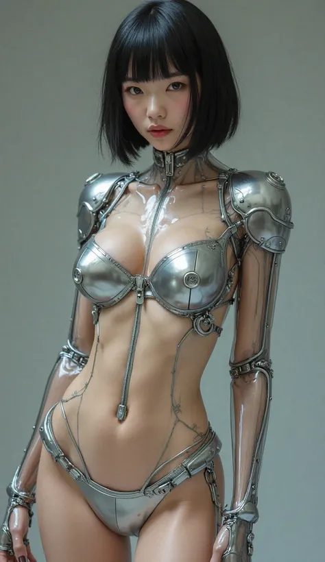 sexy pose  、 short bob hairstyle、Shiny black hair、  Japanese、Thin face、raises the corners of the mouth、 big breasted、 cyborg body、A cybersuit that is transparent enough to show through the skin.、  zipper、 The silver bra and panties are visible