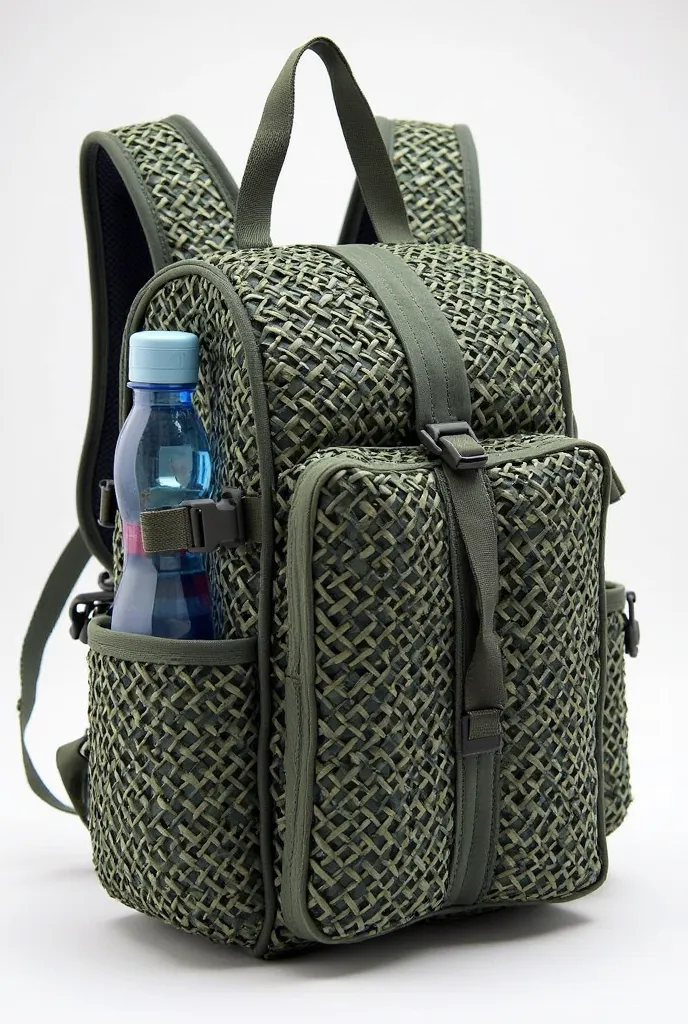 The bag is made of a fishing net. It has several compartments for water bottles.