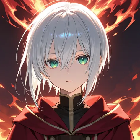 One person　Single　 Silver Hair　 green eyes　inflammation　 blue eye　 expressionless　wizard　shining eyes　 beautiful eyes　long side hair 　 clear eyes　 black and red robe 　 male　　short hair