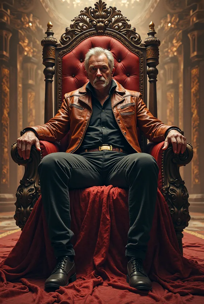 Middle aged man with She-Ra leather jacket on his legs on a throne 