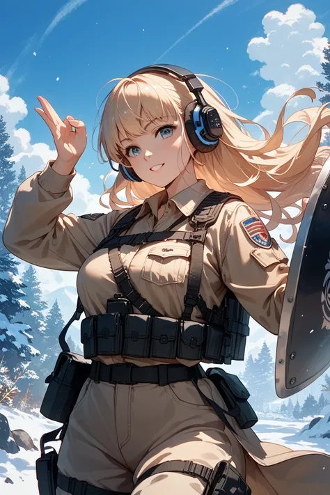 , middle-aged beautiful woman with long hair, strong pose, charming, wearing tactical gear, wearing headphones, holding a big fantasy shield, posing in a cool pose, anime illustration, anime style picture