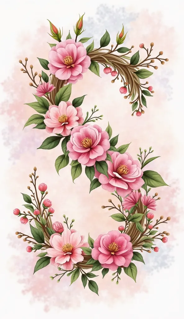 "Illustrate a letter 'S' made of intertwined flowers and vines. Use a mix of roses, lilies, and cherry blossoms in soft pastel shades. The background should be a light watercolor texture with gentle pink hues."