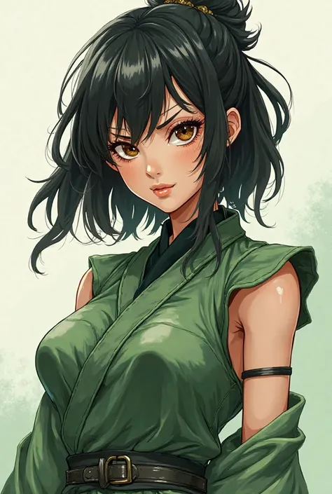 A girl who is a fighter, a warrior, only half body is shown but you know she is a fighter or a warrior, black hair girl, dark brown eyes and her out fit has more green color. She look fierce but cool and pretty too. In cartoon or art style format.