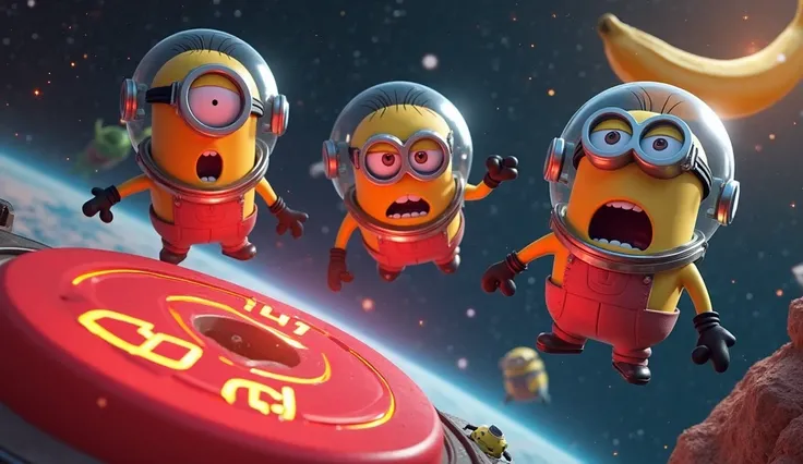 Main Focus: Three Minions (Kevin, Stuart, and Bob) floating in space with shocked and funny expressions inside astronaut helmets.
Background: A futuristic NASA spaceship flying toward Mars, with Earth visible in the distance.
Exciting Elements:
A massive r...