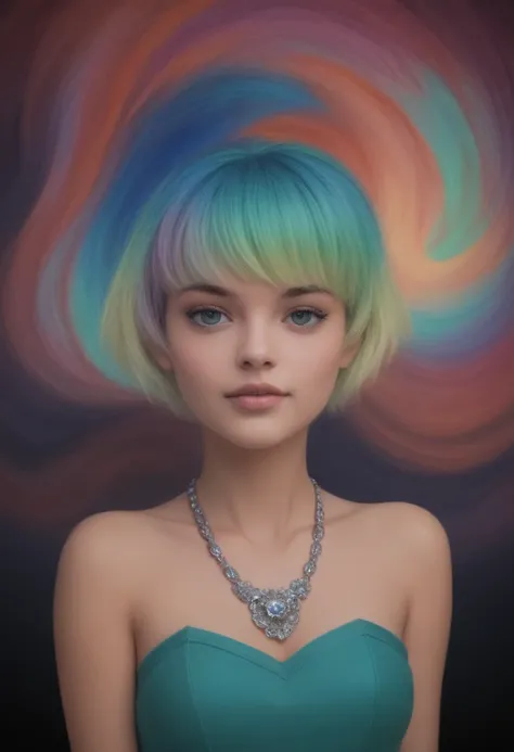 Close-up of a woman with colorful hair and necklace, anime girl with cosmic hair, soft vitality of Rossdraws, artwork in Guvez style, fantasy art style, colorful], vibrant fantasy style, Rossdraws cartoon full of vitality, universe and colorful, Guweiz, co...