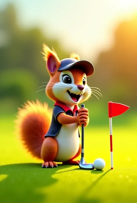 A high-quality, photorealistic 3D-rendered image of an anthropomorphic squirrel playing golf on a vibrant, well-manicured golf course. The squirrel wears a stylish polo shirt and a cap, holding a golf club with excitement as it successfully putts a ball ne...