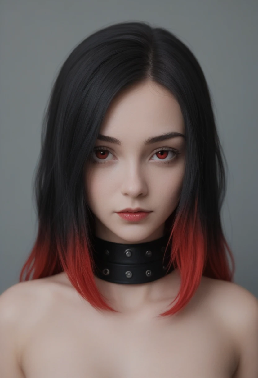 best quality, intricate details, chromatic aberration, 1girl, long hair, black hair, messy hair, red highlights, hair over one eye, red eyes, sharp eyes, choker,, , armbinder, arms behind back, bound arms,  