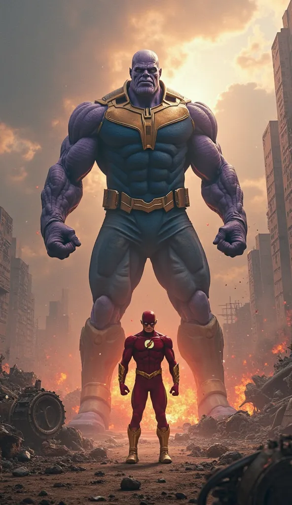 flash and thanos posing at each other. background is the destroyed planet.