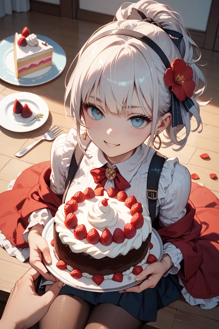 A clumsy girl who overturns a cake and cries is putting her front hand on the floor