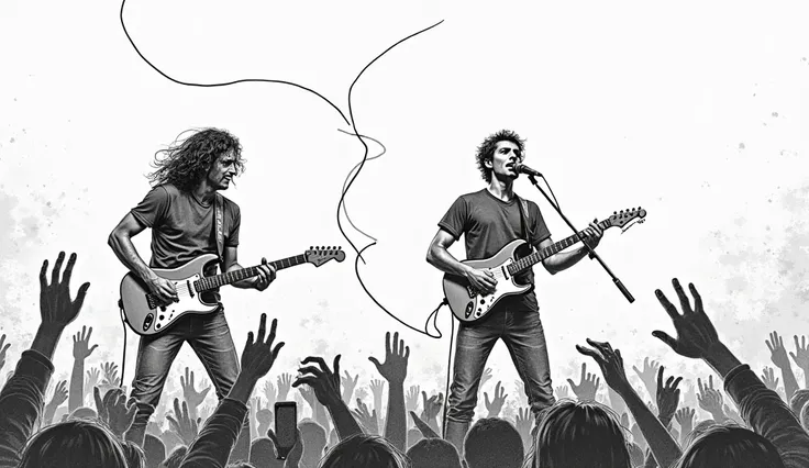 "A black-and-white sketch-style digital illustration of the guitarisr with Lead Singer rock band performing on stage. The scene is full frame, with a white background and rough pencil strokes defining the figures and instruments. The lead guitarist, a man ...