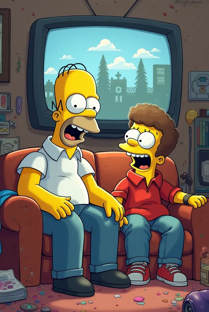 Homer Simpson y Eric Cartman ven television riendose 