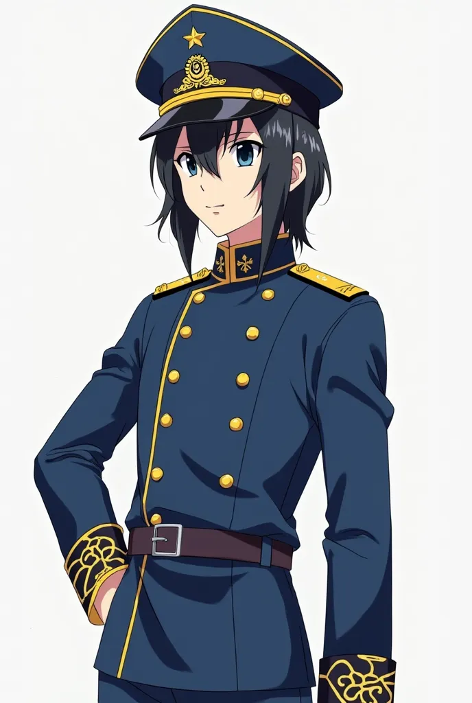 A young guy, slim pale body, long side bangs, mullet, dark blue eyes, wore a blue uniform, blue pants, with yellow details, and a blue kepi with an imperial symbol and a star on top.

Meiji 19 model was featured the dark blue crown and colored band dependi...