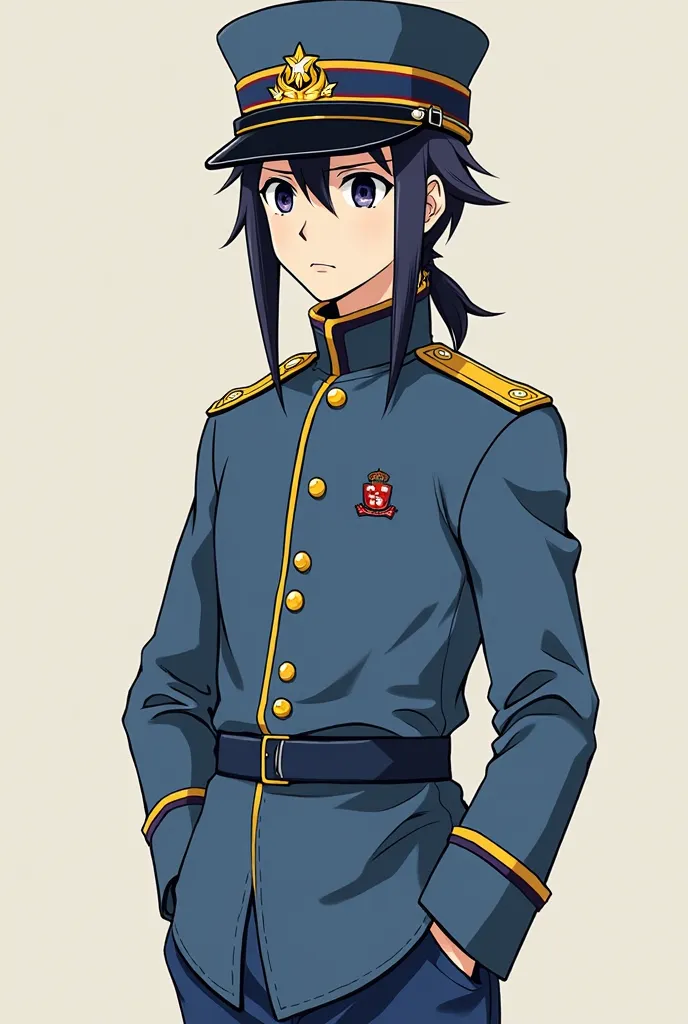 A young guy, slim pale body, long side bangs, mullet, dark blue eyes, wore a blue uniform, blue pants, with yellow details, and a blue kepi with an imperial symbol and a star on top.

Meiji 19 model was featured the dark blue crown and colored band dependi...