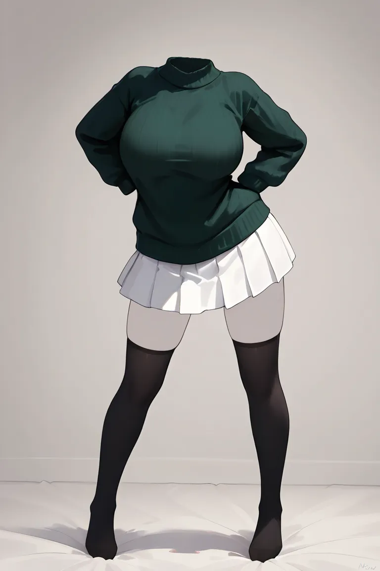 NoBody , transparent , invisible person , no body , Masterpiece , rich contrast , detailed image , perfection , Highest quality , 4K , high resolution , (one girl:1.5) , big breasts , (Bending pose:1.2) , (Dark green long-sleeved sweater) , (White pleated ...