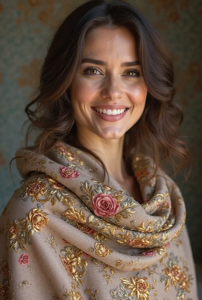 A beautiful, laughing faced lady with medium makeup wearing a beautiful shawl with a rose design and a combination of gold and silver colors of Eklili as a role, and the word Aramrose with a beautiful color combination is visible on the picture