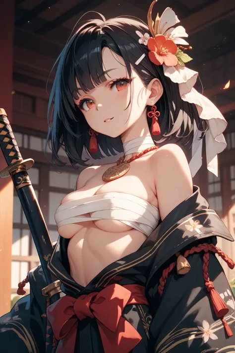 Japanese anthropomorphism
black hair
shortness
katana
miniskirt
Bandage wrapped around my chest
Red eyes
small tits
Tall