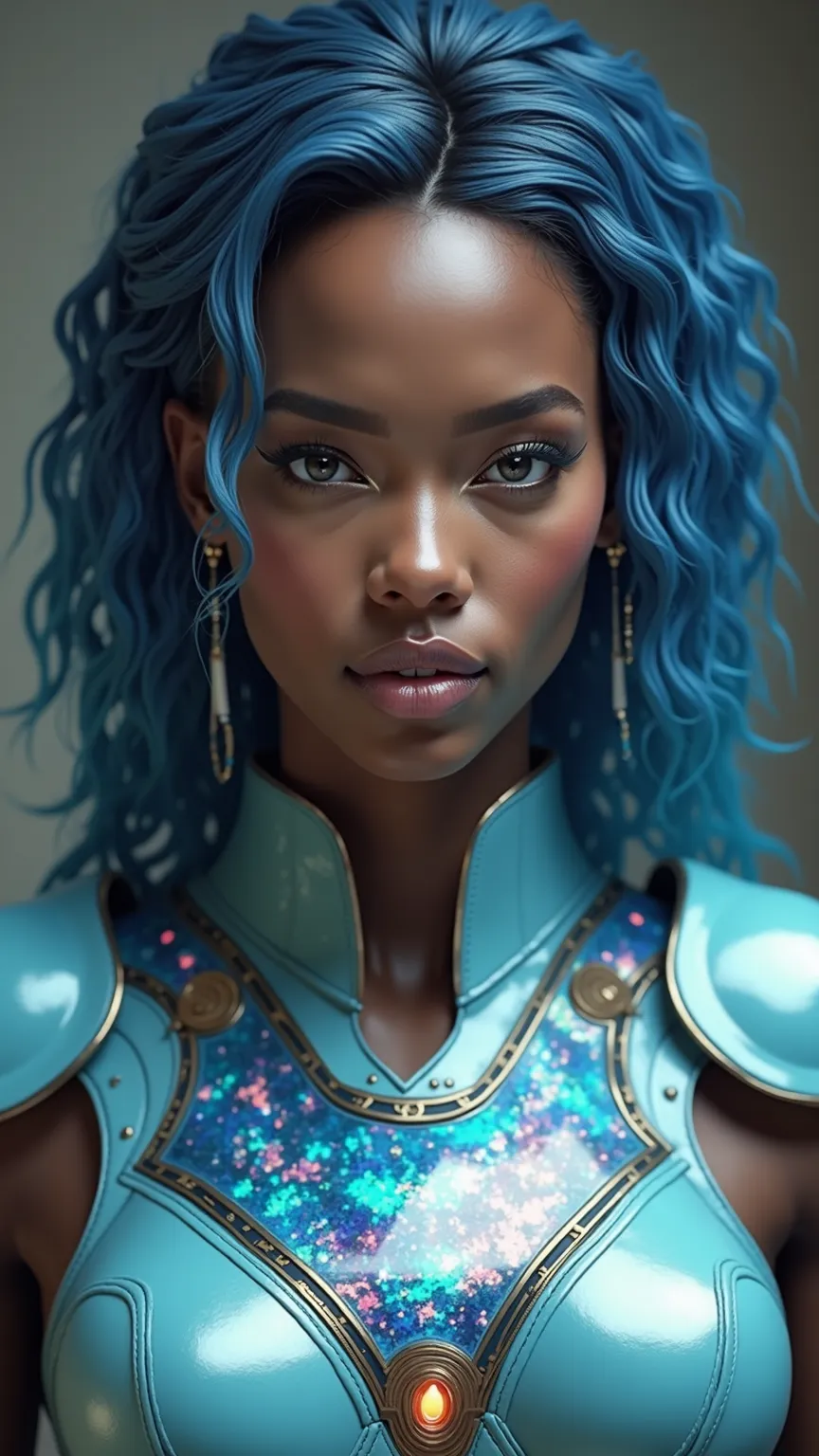 Close-up of a woman、Wear a costume、Has blue hair, Portrait of Juan O'Gorman , Tumbler,  Afrofuturism ,  wears shiny breastplate , Light emitting light inside armor , Overwatch photorealistic graphics , Arab woman in black and white costume wearing sci-fi a...