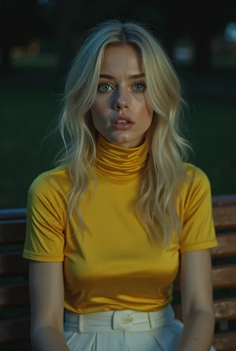 A beautiful, realistic-looking woman with blue eyes, and blonde hair has an extremely long neck. She wears a yellow satin short-sleeve turtleneck that covers her entire neck, with a corrugated and tight collar. She is also wearing a white skirt and is sitt...