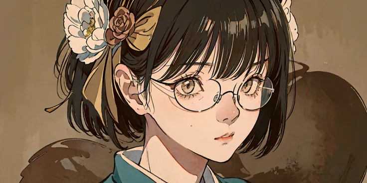 In a vintage sepia-toned background with soft, mysterious lighting, a cool and captivating 20-something Japanese woman wearing glasses takes center stage. Her enigmatic gaze and relaxed poise evoke the calm rhythm of lofi beats