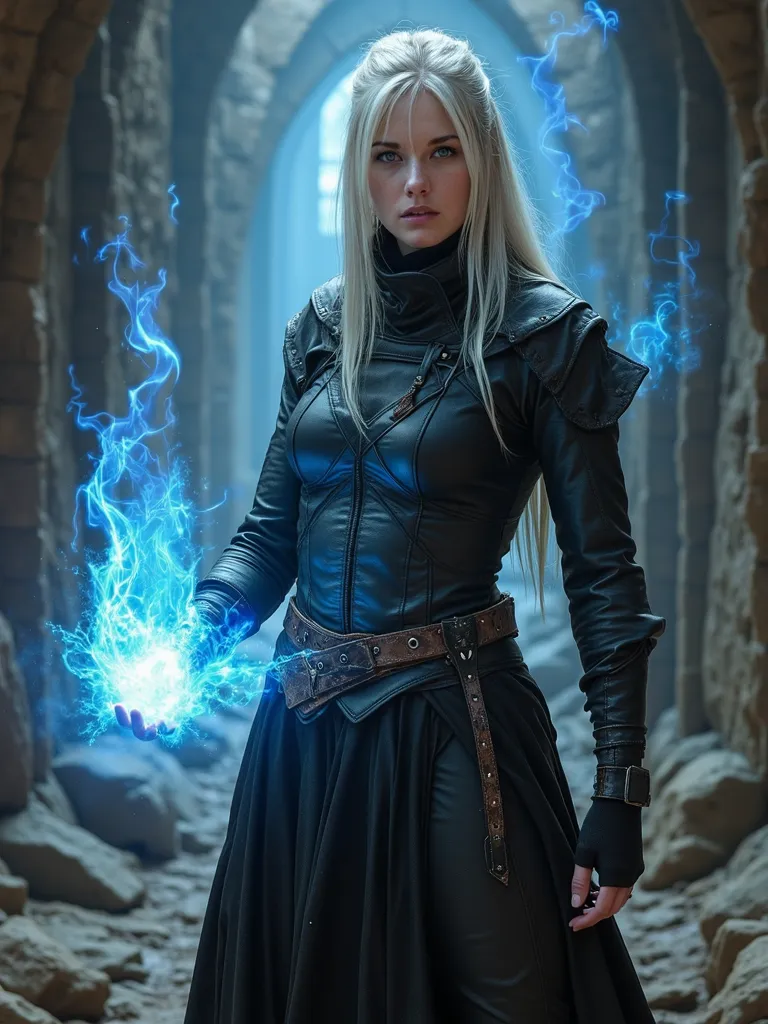 eldritch blast, spellcasting vfx, tattered black leather clothing, photography taken by canon eos r5, stunning fullbody d&d character art, caucasian female warlock casting a magic spell, eldritch blast vfx, with silver hair, light blue eyes, tattered black...