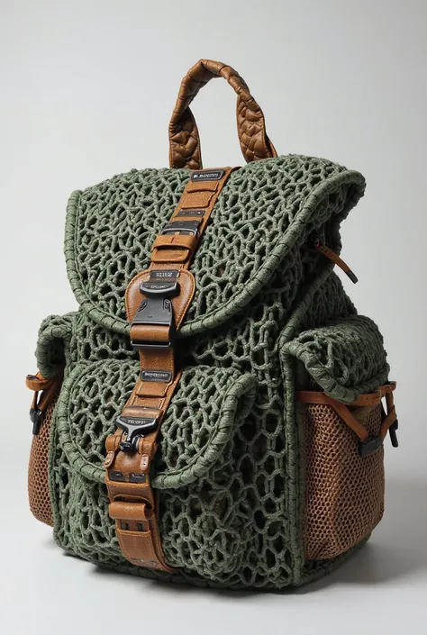 A bag made from a fishing net. It has several compartments for water bottles and a lot of compartments.