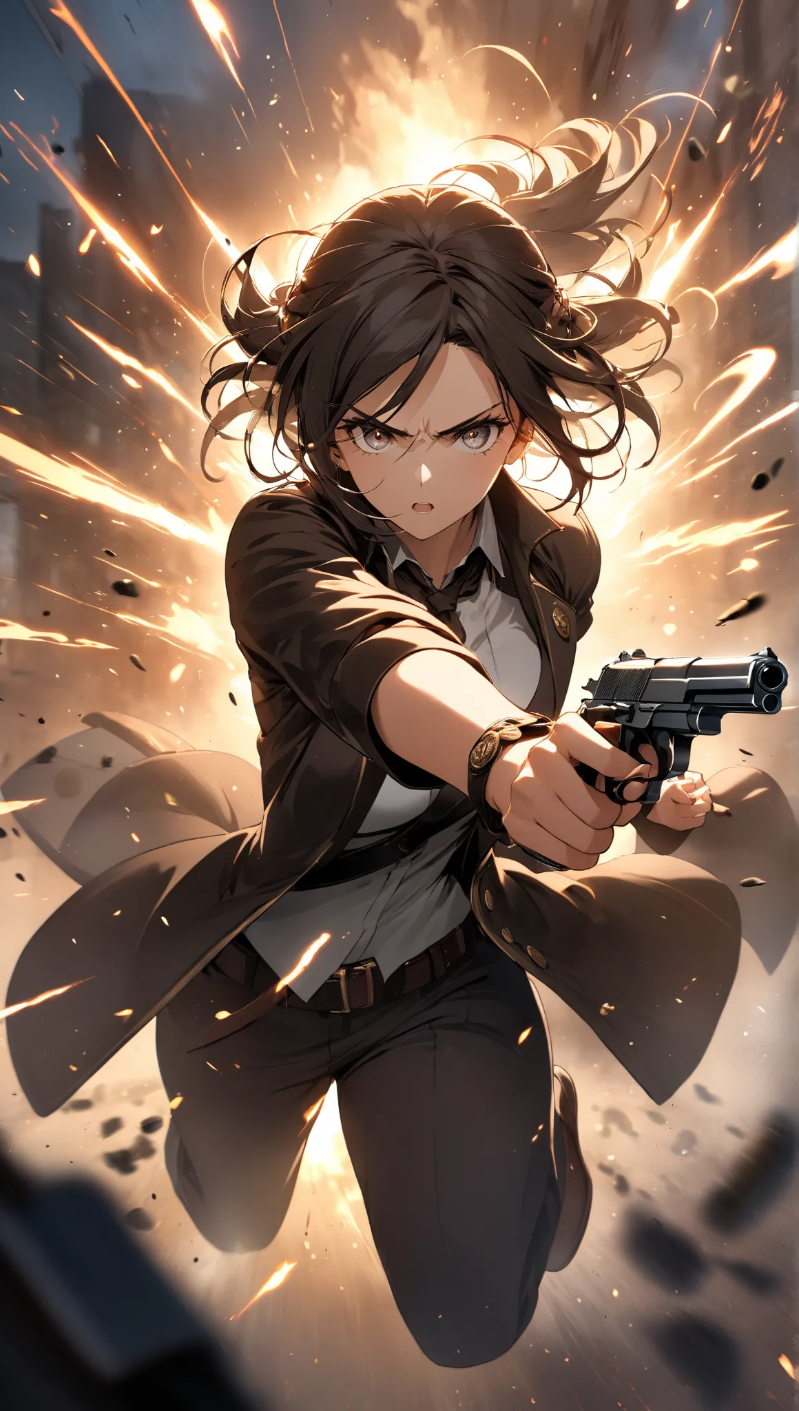 A fierce and determined woman firing two handguns simultaneously. She is in an action-packed pose, extending both arms forward with intense focus in her eyes. The scene is dynamic, capturing the energy of a fast-paced gunfight. The background is blurred fo...