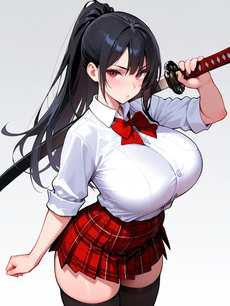 8k,masterpiece, best quality, ultra detailed, high resolution, super fine illustration, 1girl, solo, red eyes, black hair, long hair, ponytail,huge breasts, school uniform, collared shirt, bowtie, plaid skirt, thighhighs, holding Japanese sword, looking at...