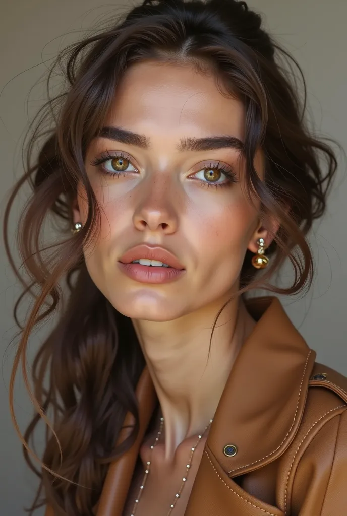 Image hyper réaliste d’une jeune femme avec une peau lisse et éclatante. Elle a des cheveux bruns foncés ondulés, mi-longs, et des yeux noisette profonds et expressifs. Ses traits sont doux mais marquants, avec un maquillage naturel qui met en valeur ses p...