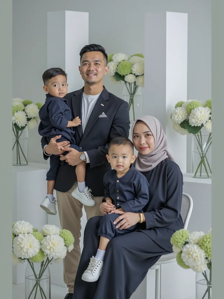 A 8K studio photograph of a loving Asian family of four. The father, aged 37, stands confidently with clean-shaven facial hair, wearing a navy blazer and a white shirt. He holds a young boy aged 3 in his arms, who wears a navy outfit. The 35-year-old mothe...