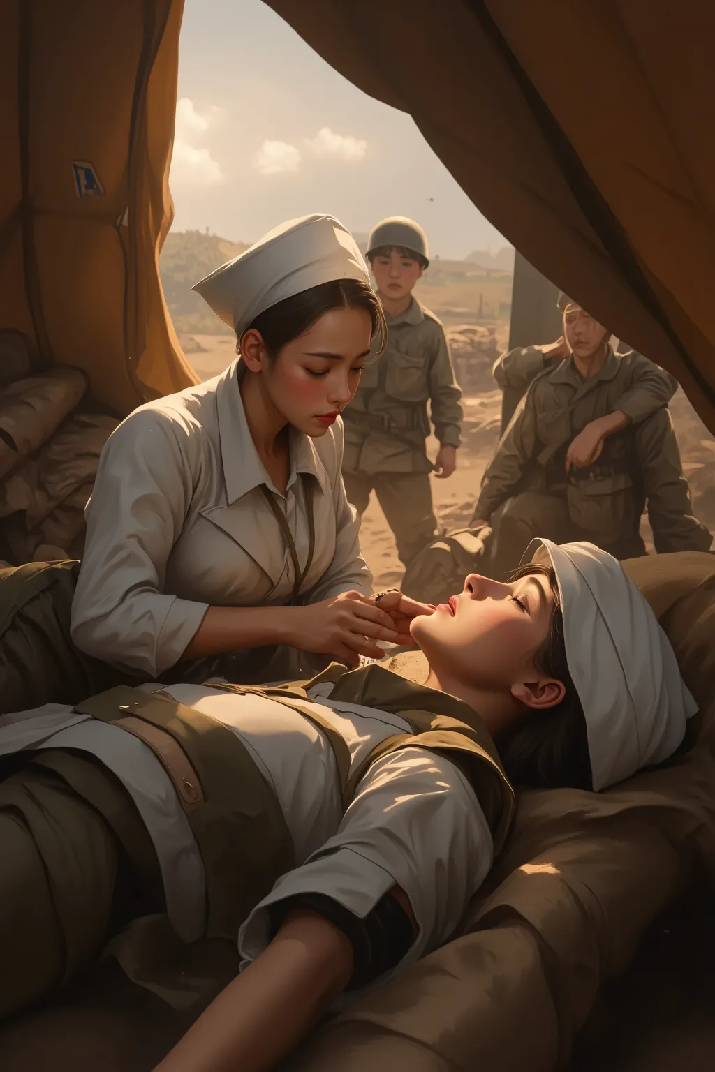 (best quality, ultra-detailed, photorealistic), world war 2 nurse tending to a patient in a makeshift hospital, military camp