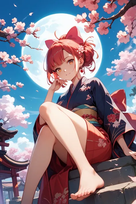 A woman gazing at a cherry tree in full bloom、A woman's hair extends to her feet、 Japanese、Clothes are twelve single clothes、 there is a full moon in the sky、 Sakurabuki