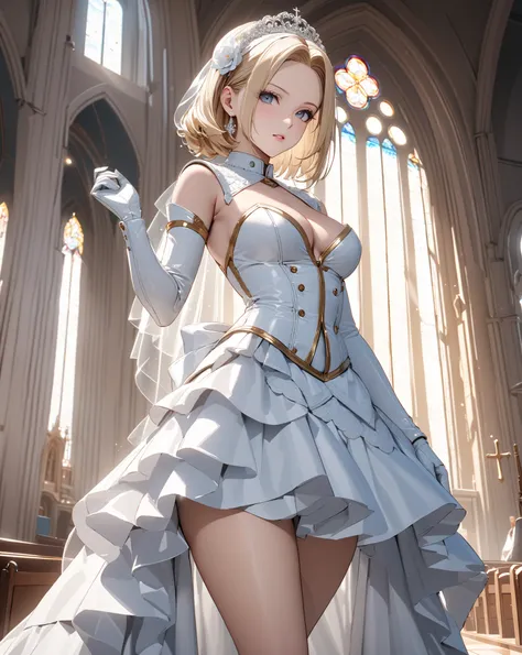 seaside church, bride, (Android 18), masterpiece, highest quality, UHD, retina, masterpiece, accurate anatomy, super detailed, high quality, best quality, 8k