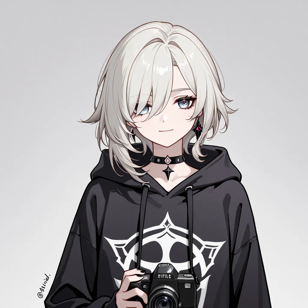 1girl,
goth style, dressed in the Hoodie, a white background, Genshin Impact,smiled, She is kind-hearted, She Stands straight and looks clearly at the camera