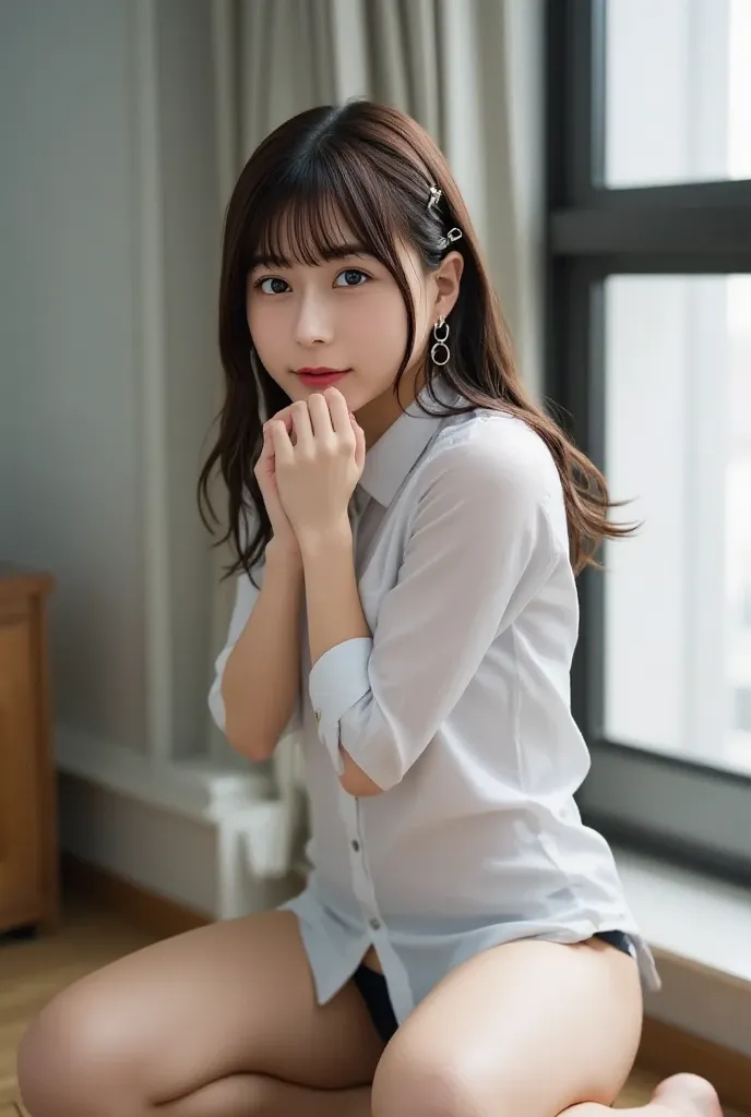 (((((YOUNG GIRL:2.86))))),( masterpiece,TOP QUALITY:1.9),8k, RAW photos ,nsfw, detailed skin,詳細な毛穴,Completely naked,baby face,(((Youngface):1.5)),(( young body):1.6), reality,  hotel room、( leaning forward :1.67)、smile、(((  shirt:2.2))),((  lower body :1.3...