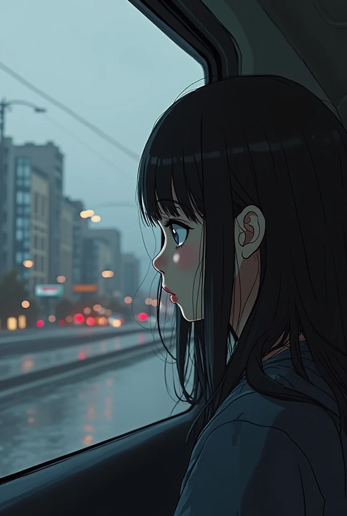 Create an image for a book

Cool and gray colors to convey the feeling of loneliness.

A 17-year-old black-haired girl watching the city from the car window, with reflection on the glass showing her empty eyes