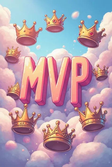 Image with the word MVP in pastel tones anima-manga style, filled with crowns of fun kings and queens