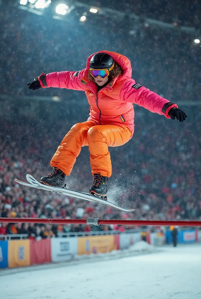 Beautiful woman in extremely puffy padded shiny neon onepiece down suit with very puffy hood and puffy padded mittens, ski goggles, jumps over the bar in a high jump in an athletics stadium crowded with fans