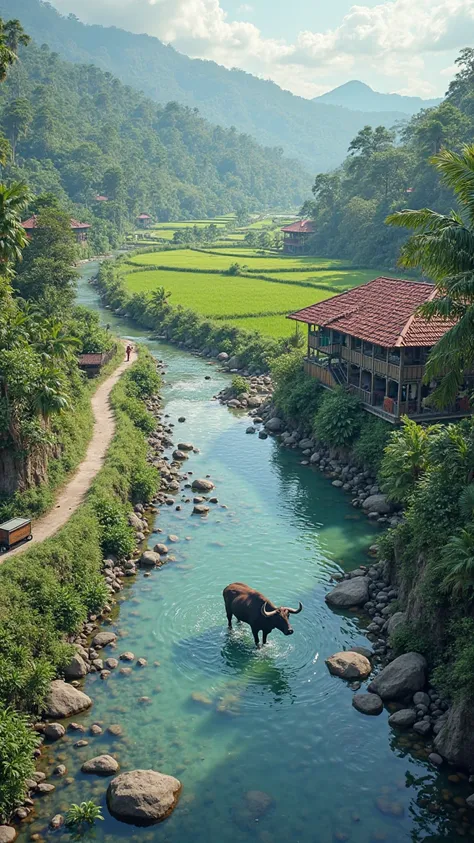 Clean river water flow,river rocks ,Indonesian village background, red tile roof, The expanse of green rice , asphalt road ,,buffalo in the river,clear weather ,4k image , realistic ,indonesia,