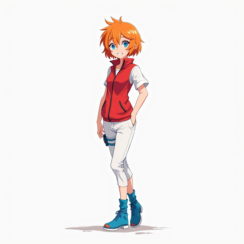 A young female 2D anime character, white skin, short orange hair, blue eyes, red vest, white pants, blue shoes,standing, in front,2D Naruto art style