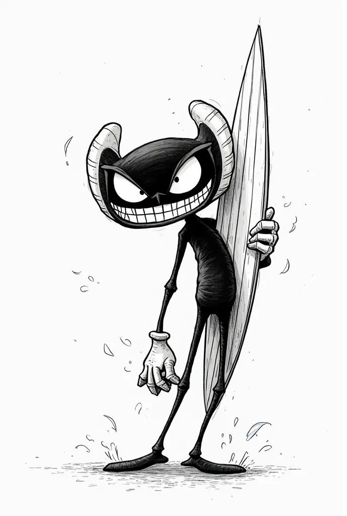 Do me this art in 2D style and black and white: a thin scalpel with bad face in cuphead style, holding a surfboard, making a hang loose with the hand