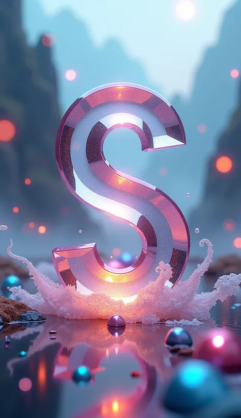 "Illustrate a letter 'S' made entirely of transparent crystal, reflecting a rainbow spectrum. The background should be a magical fairyland with soft glowing orbs and misty mountains."