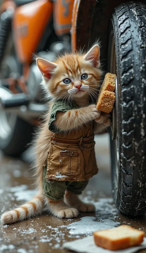 "A small, wet kitten wearing tattered clothes and an apron, washing a motorcycle tire with a sponge, surrounded by soap suds and cleaning tools. A piece of dry bread rests on a small cloth beside it, as if waiting for a short break. The kitten has a determ...